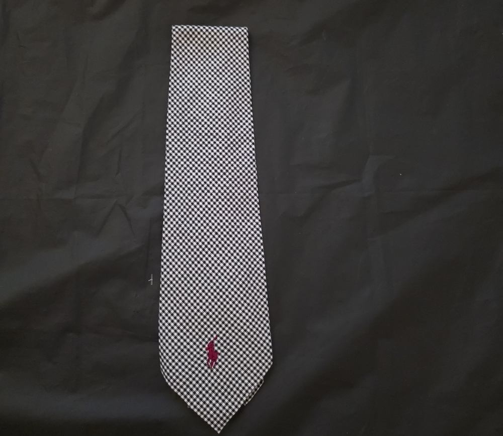 Ralph Lauren Black & White Micro-Check Silk Tie with Red Polo Emblem
